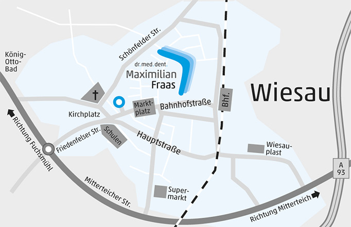 Sie finden uns in Wiesau in der Bahnhofstraße 5. Anfahrt zur Praxis dr. med. dent. Maximilian Fraas in Wiesau